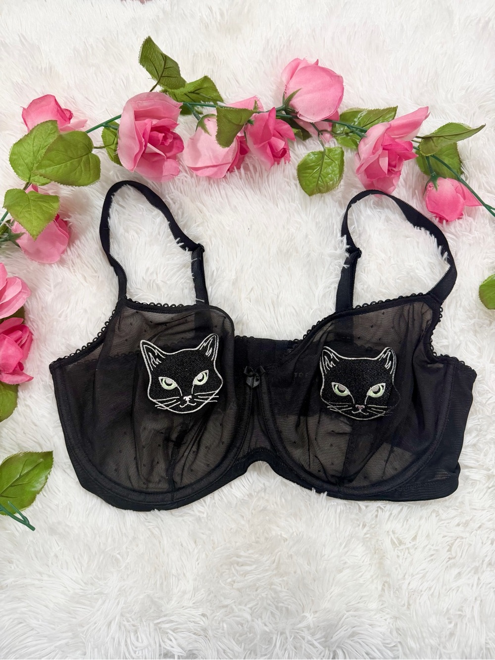 Torrid Black Cat Sheer Mesh Underwire Bra 40DD Whimsigoth Witchy Lingerie